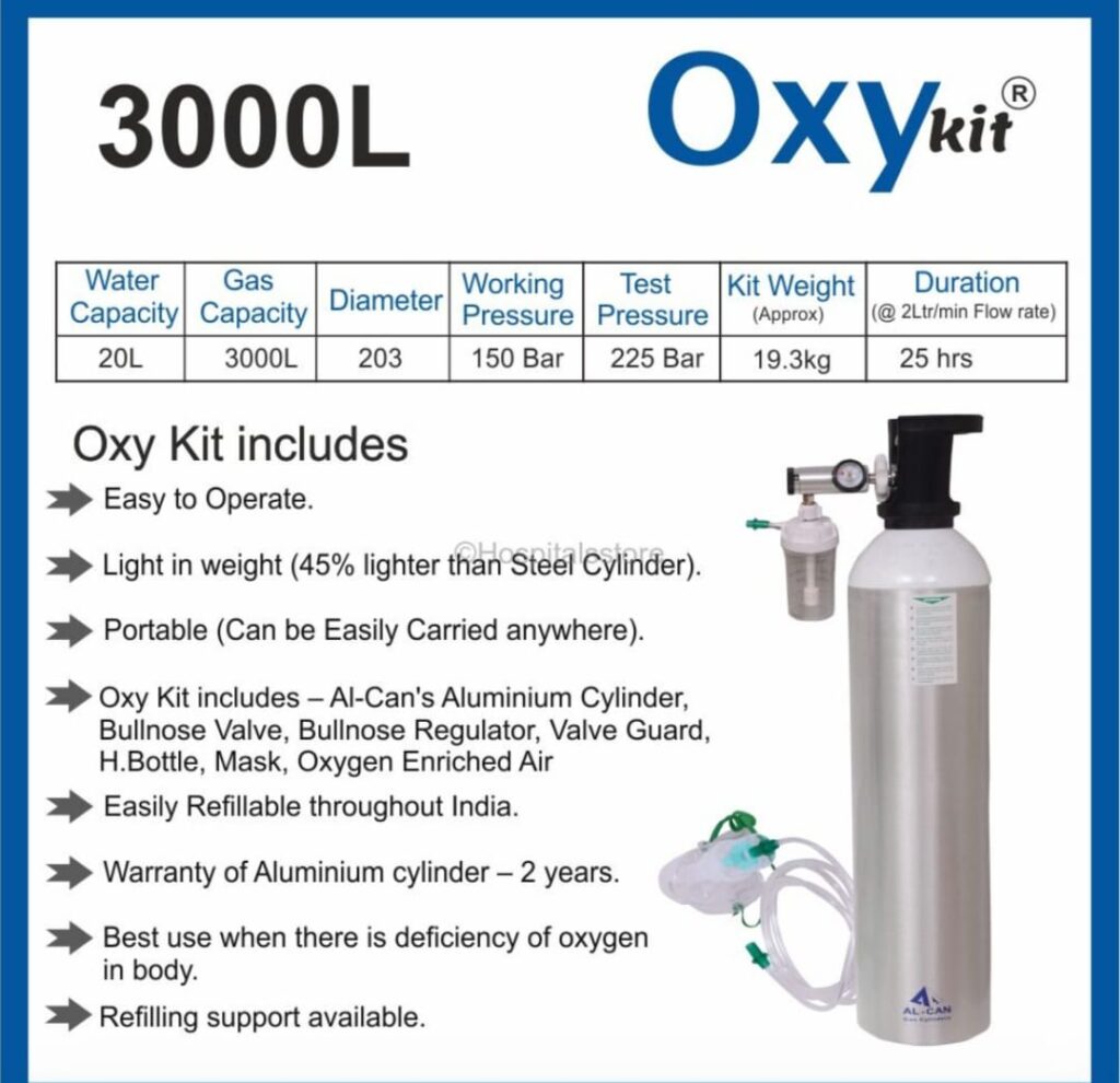 O2 Sat Supplies OxyKit Portable Oxygen Cylinder Kit 20 Ltr Aluminium - Alcan - Health ...